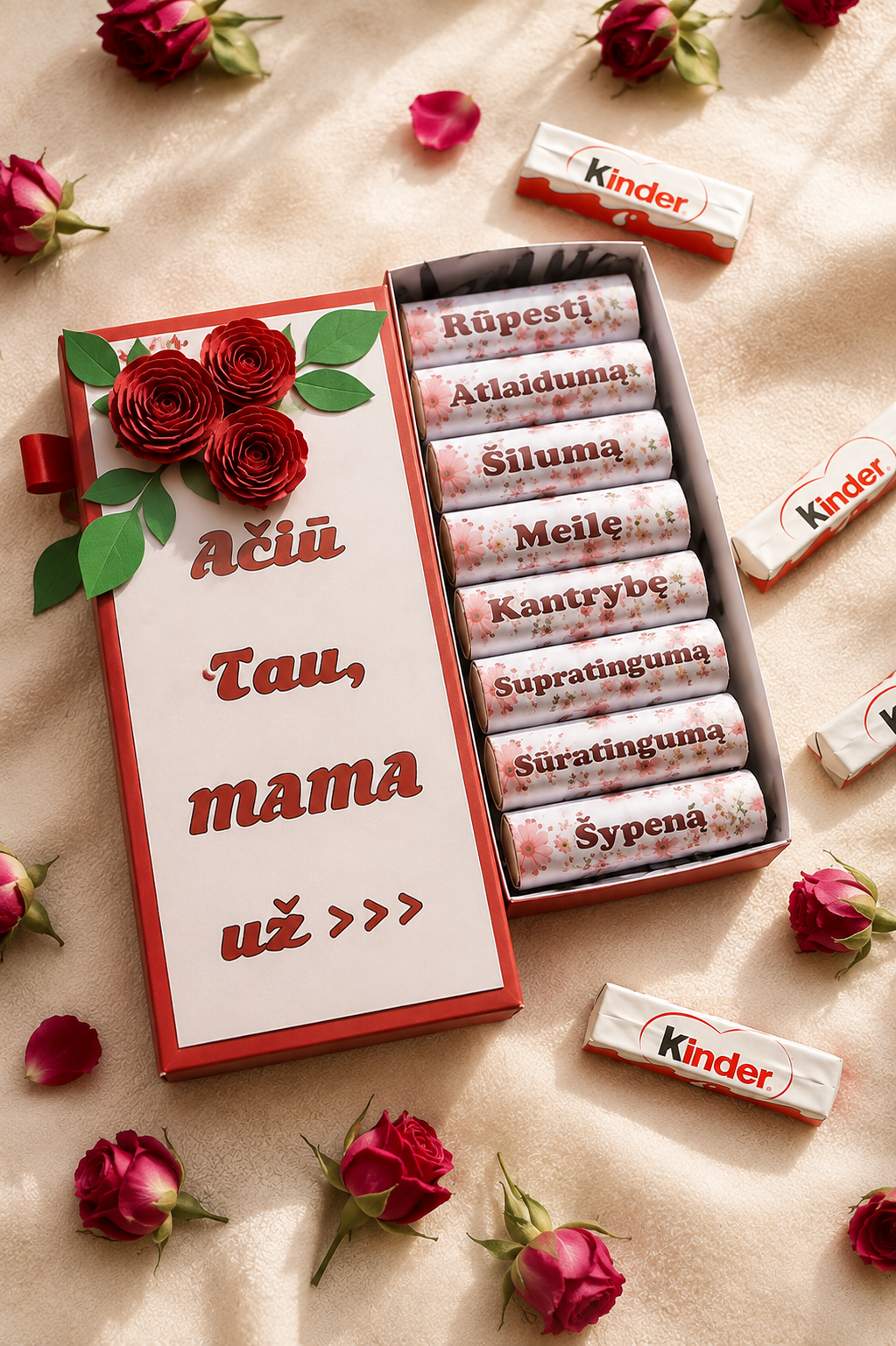 Kinder chocolate Ačiū Tau mama red cover with flowers