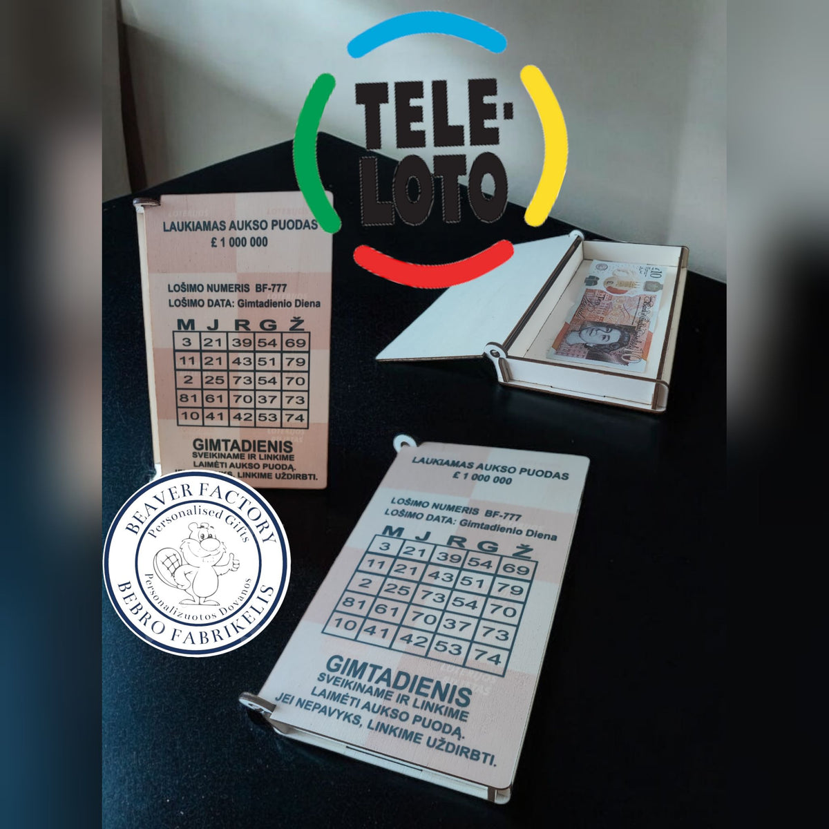 Medinė dėžutė pinigams Teleloto bilietas