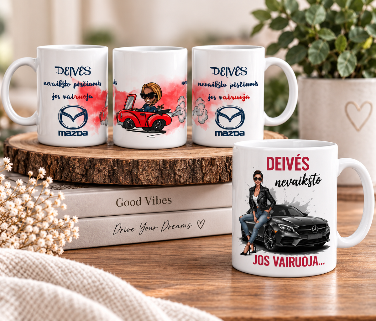 Puodelis „Deivės nevaikšto – jos vairuoja…“
