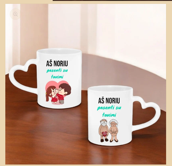 Du balti puodeliai su širdelės formos rankenėlėmis „Aš noriu pasenti su tavimi"