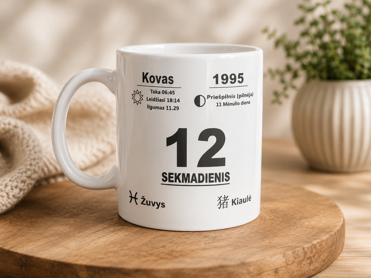 Puodelis su gimtadienio datos kalendoriaus dizainu