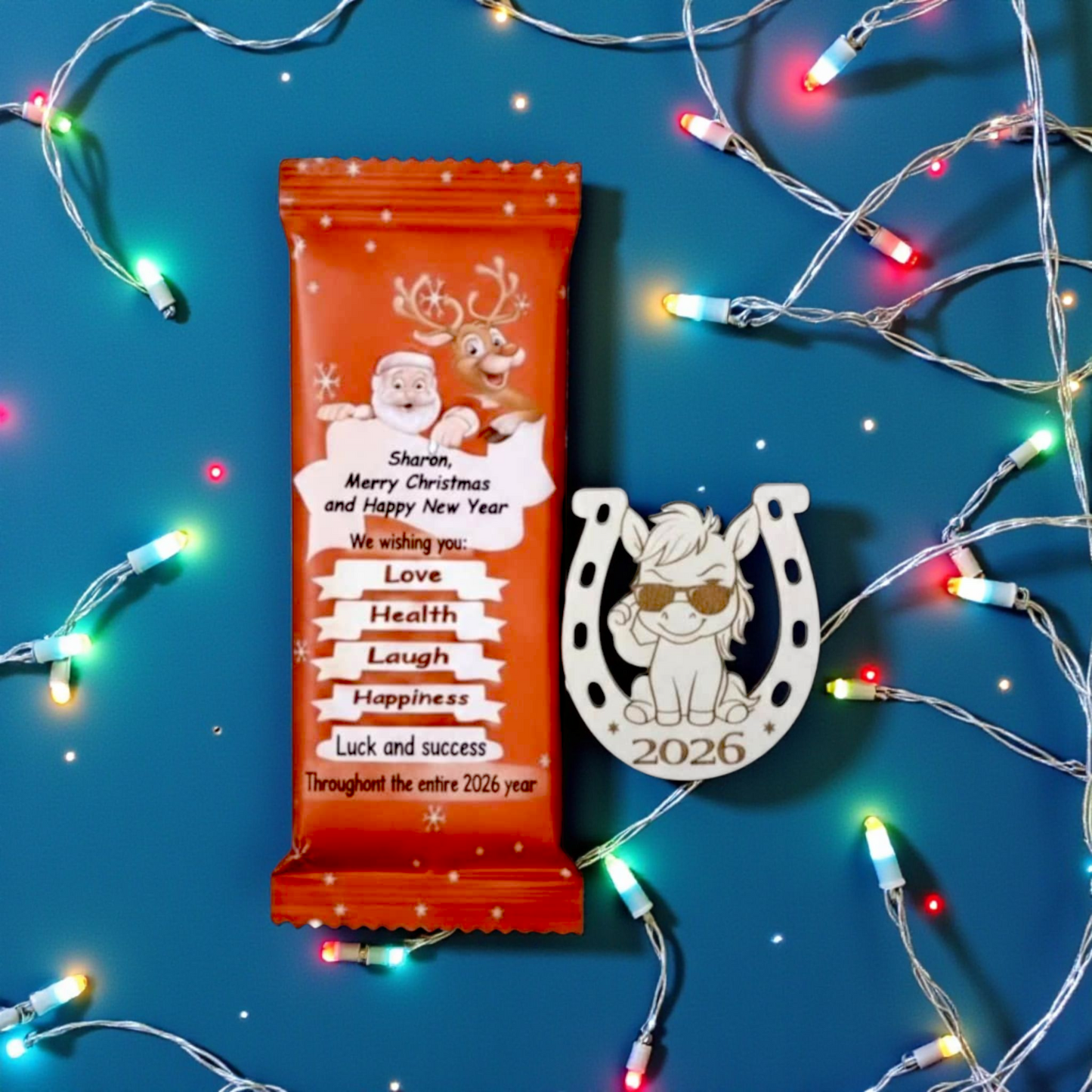 Chocolate "Merry Christmas" 2026 + Magnet horse shoe