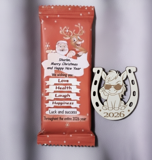 Chocolate "Merry Christmas" 2026 + Magnet horse shoe