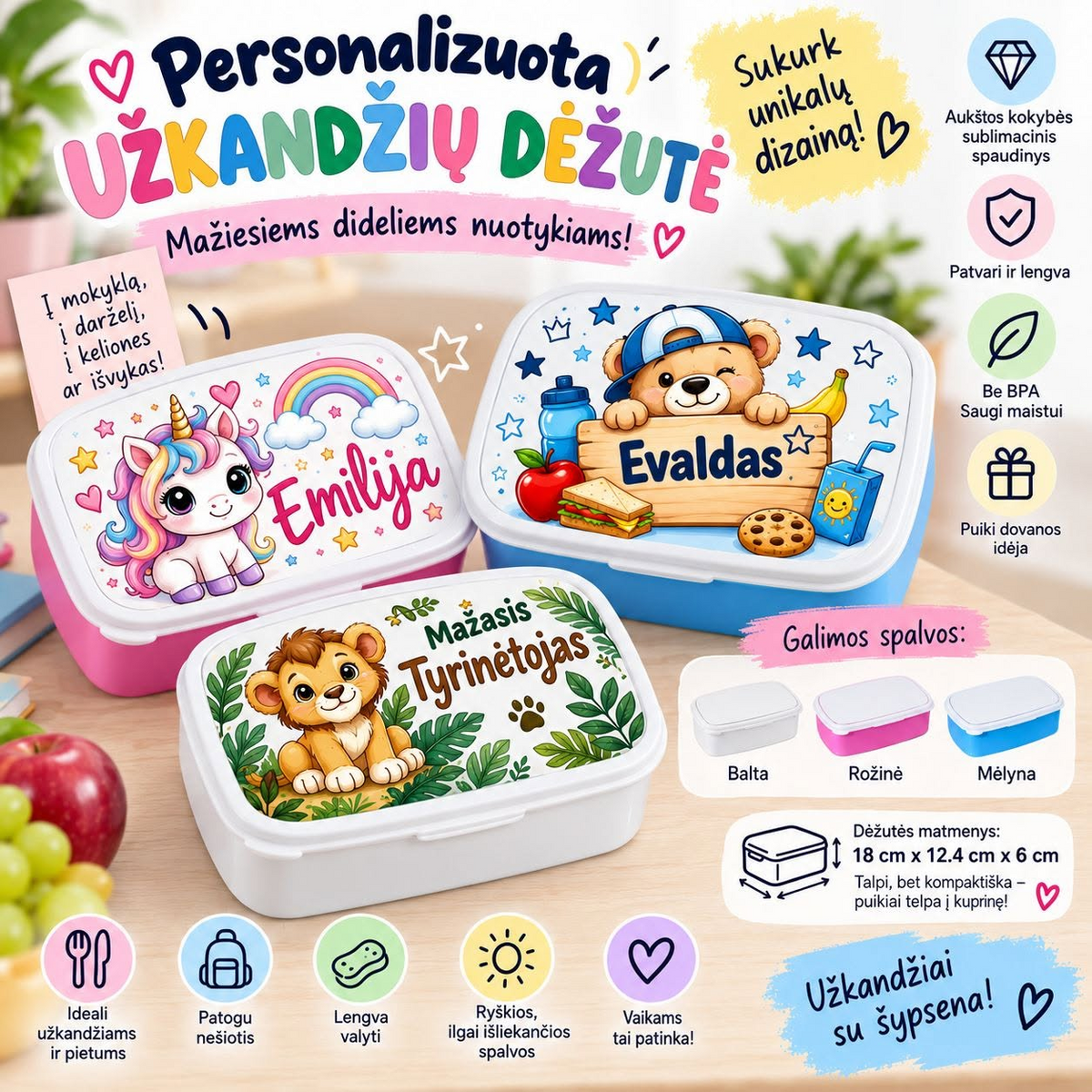 Personalizuojama vaikiška pietų dėžutė su vardu